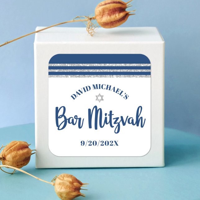 Bar Mitzvah Modern Navy Blue Silver Tallit Script Quadratischer Aufkleber (Von Creator hochgeladen)