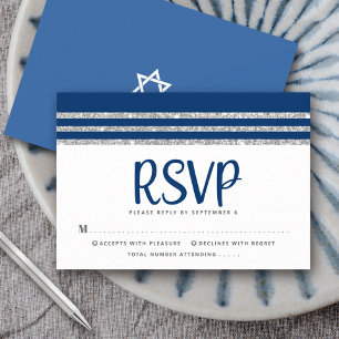 Bar Mitzvah Modern Navy Blue Silver Tallit Script RSVP Karte