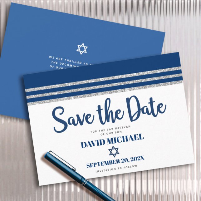 Bar Mitzvah Modern Navy Blue Silver Tallit Script Save The Date (Von Creator hochgeladen)