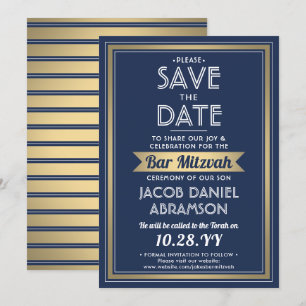 Bar Mitzvah Modern Navy Blue White Imitats Gold Save The Date
