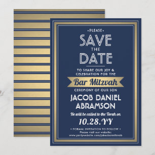 Bar Mitzvah Modern Navy Blue White Imitats Gold Save The Date