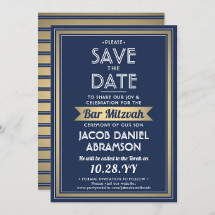 Bar Mitzvah Modern Navy Blue White Imitats Gold Save The Date