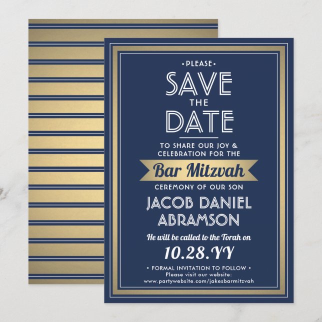 Bar Mitzvah Modern Navy Blue White Imitats Gold Save The Date (Vorne/Hinten)