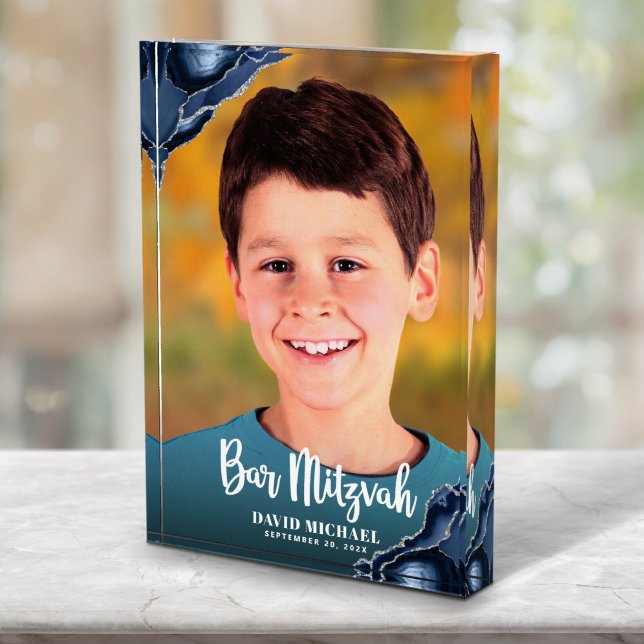 Bar Mitzvah Modern Script Navy Blue Agate Keepake Fotoblock (Von Creator hochgeladen)