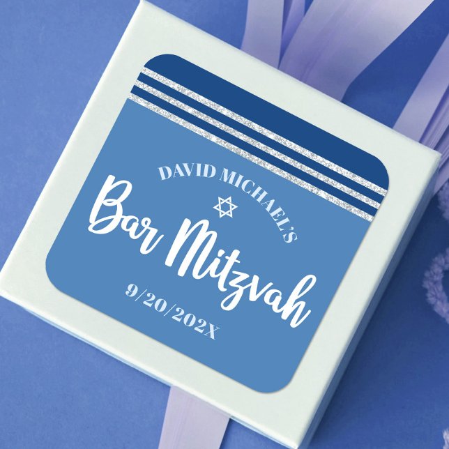Bar Mitzvah Modern Silver Blue Tallit Fett Script Quadratischer Aufkleber (Von Creator hochgeladen)