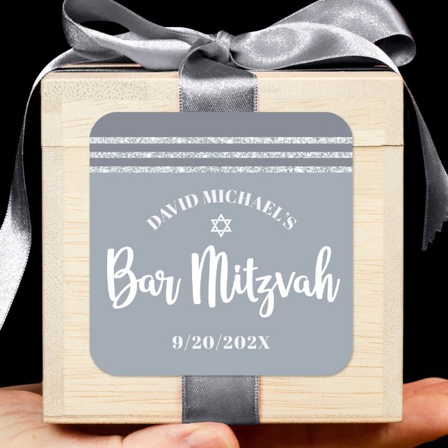 Bar Mitzvah Modern Silver Gray Tallit Fett Script Quadratischer Aufkleber (Von Creator hochgeladen)