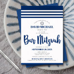 Bar Mitzvah Modern Tallit Navy Script Real Silver Folieneinladung<br><div class="desc">Seien Sie stolz, freuen Sie sich und präsentieren Sie diesen Meilenstein Ihres Lieblings-Bar Mitzvah! Versenden Sie diese coole, einzigartige, moderne, personalisierte Einladung für eine Veranstaltung, an die Sie sich erinnern können. Fett, marineblau Schrift Typografie, reale Folie Star of David und eine marineblau und reale Folie silbergestreifte Tallit inspirierte Grafik Overlay...</div>