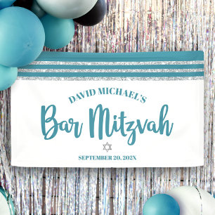 Bar Mitzvah Modern Teal Silver Tallit Bold Script  Banner