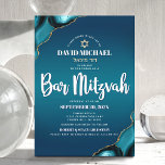 Bar Mitzvah Modern Turquoise Ombre Agate Script Einladung<br><div class="desc">Seien Sie stolz, freuen Sie sich und präsentieren Sie diesen Meilenstein Ihres Lieblings-Bar Mitzvah! Versenden Sie diese coole, einzigartige, moderne, personalisierte, hebräische Namensaufforderung für eine Veranstaltung, an die Sie sich erinnern können. Die Typografie der weißen Schrift und die Imitate goldener Stern von David überlagern einen tieftürkisfarbenen, aquamarinen, dunkelblauen Hintergrund mit...</div>