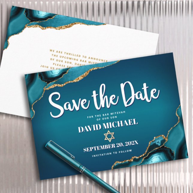 Bar Mitzvah Modern Turquoise Ombre Agate Script Save The Date (Von Creator hochgeladen)