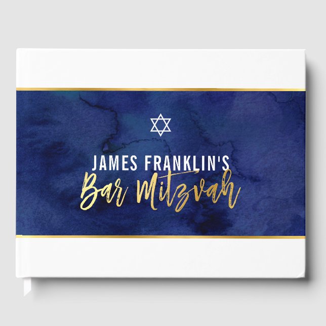BAR MITZVAH Moderne blaue Aquarellgoldschrift Gästebuch (Vorderseite)