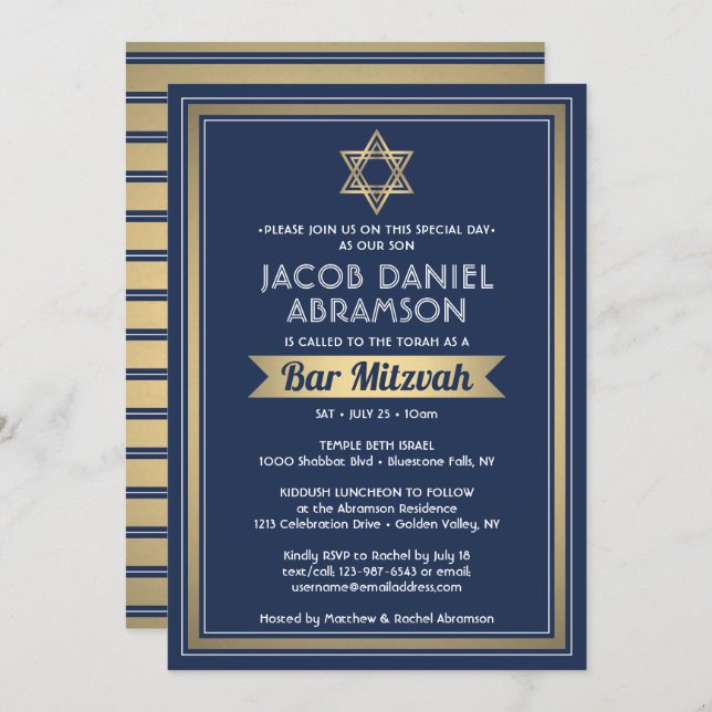 Bar Mitzvah Moderne Elegant Marine Blue White & Go Einladung (Vorne/Hinten)