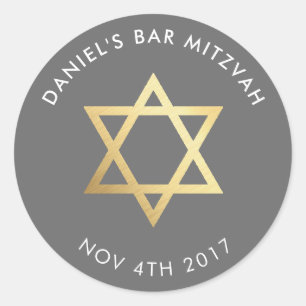 Bar Mitzvah Moderne Grau + Goldstar der david Runder Aufkleber