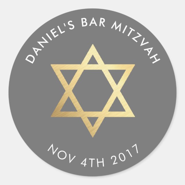 Bar Mitzvah Moderne Grau + Goldstar der david Runder Aufkleber (Vorderseite)