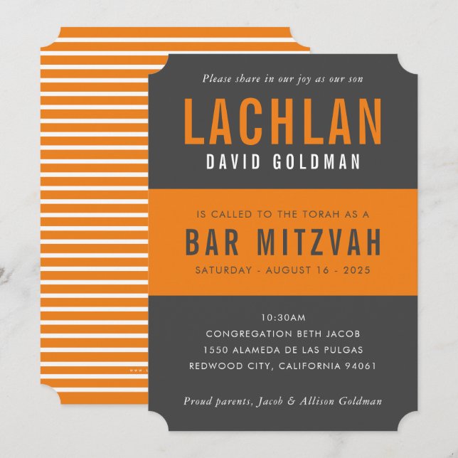 BAR MITZVAH Moderne Minimaltypografie, grau-orange Einladung (Vorne/Hinten)