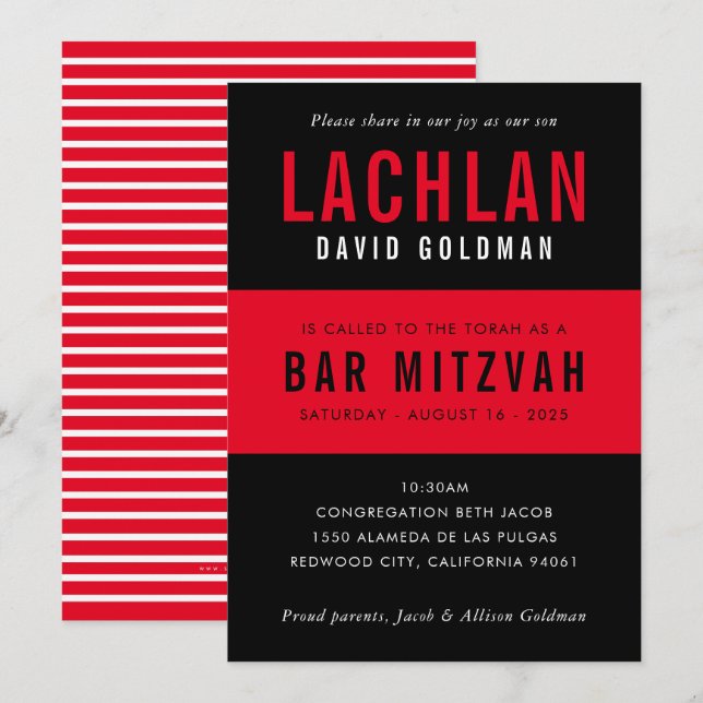 BAR MITZVAH Moderne Minimaltypografie schwarz rot Einladung (Vorne/Hinten)