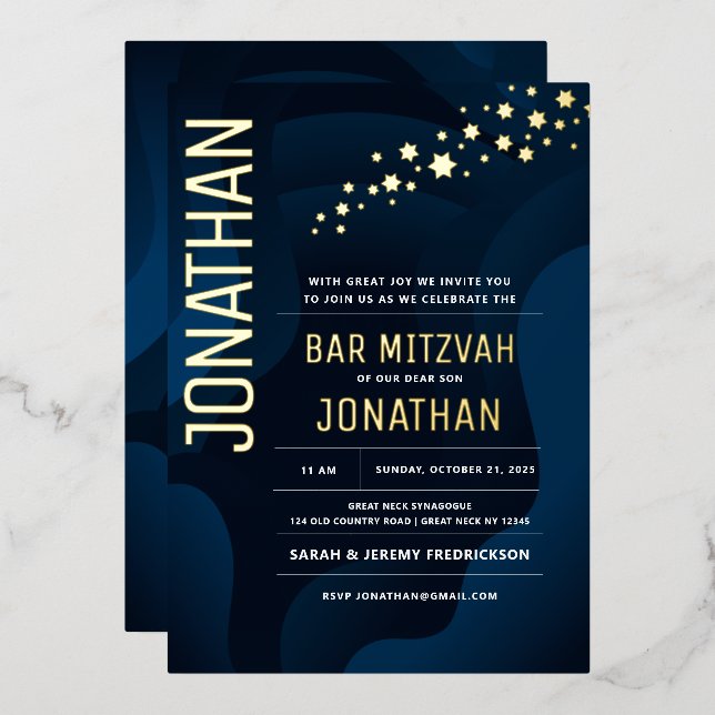 Bar Mitzvah Moderne Navy Waves ECHTGOLD Folieneinladung (Vorderseite/Rückseite)