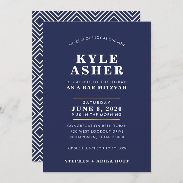 Bar Mitzvah Moderne schlichte Marine Blau Einladung (Vorne/Hinten)
