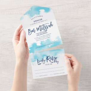 BAR MITZVAH moderne Schrift aqua-blaue Wasserfarbe All In One Einladung