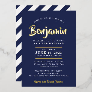 BAR MITZVAH moderne stilvolle Kalligrafie navy gol Folieneinladung