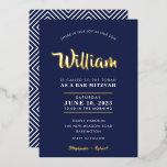 BAR MITZVAH moderne Typografie-Kalligrafie-Marine Folieneinladung<br><div class="desc">von kat massard Anspruchsvolle Einladung mit "glänzender Goldfolie" für die MITZVAH Feier Ihres Kindes. Einfach die Vorlage selbst aktualisieren E-Mail-Adresse für passende Elemente und alternative Farbschemas - kat@simplysweetpaperie.com</div>