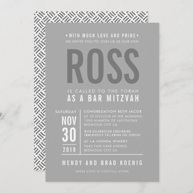 BAR MITZVAH Moderner Fettblock Grauer Mono Einladung (Vorne/Hinten)