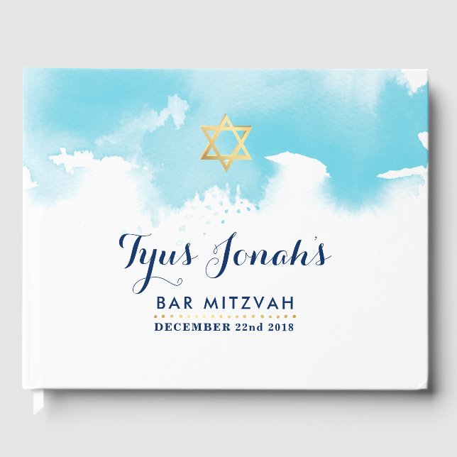 BAR MITZVAH Moderner Goldstar Aquarelle Gästebuch (Vorderseite)