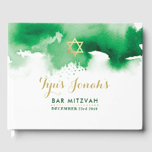 BAR MITZVAH Moderner Goldstar cool grüne Aquarellf Gästebuch