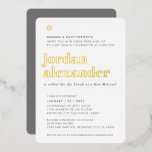 BAR MITZVAH moderner Minimal fett neutraler Grau Folieneinladung<br><div class="desc">durch kat massard Moderne Einladung mit "glänzender Goldfolie" für die MITZVAH Kinderfeier. Einfach die Vorlage selbst aktualisieren E-Mail-Adresse für passende Elemente und alternative Farbschemas - kat@simplysweetpaperie.com</div>