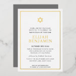 BAR MITZVAH moderner Minimalstar-Grenzjunge grau Folieneinladung<br><div class="desc">durch kat massard Moderne Einladung mit "glänzender Goldfolie" für die MITZVAH Kinderfeier. Einfach die Vorlage selbst aktualisieren E-Mail-Adresse für passende Elemente und alternative Farbschemas - kat@simplysweetpaperie.com</div>
