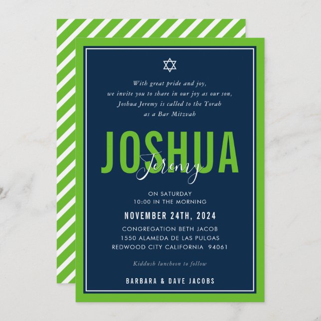 BAR MITZVAH Moderner Sportjunge NFL Grüne Marine Einladung (Vorne/Hinten)