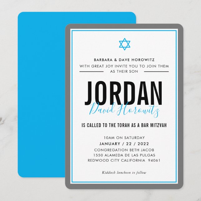 BAR MITZVAH Moderner Star Junge Aqua Blue Einladung (Vorne/Hinten)