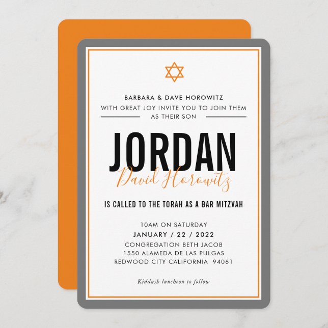 BAR MITZVAH Moderner Star Junge Orange Grau Einladung (Vorne/Hinten)