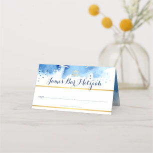 BAR MITZVAH Modernes blaues Aquarellgoldfolie-Star Platzkarte