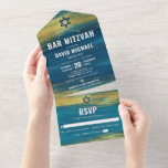 Bar Mitzvah Modernes, feines, türkisfarbenes Goldf All In One Einladung<br><div class="desc">Seien Sie stolz, freuen Sie sich und präsentieren Sie diesen Meilenstein Ihres Lieblings-Bar Mitzvah! Versenden Sie diese coole, einzigartige, moderne, maßgeschneiderte All-in-One-Einladung für eine Veranstaltung, an die Sie sich erinnern können. Metallische goldene Pinselstriche und marineblaue Sterne von David sowie fett-weiße Typografie überlagern einen reichen, türkisfarbenen, blauen Farbhintergrund. Dieses All-in-One-Produkt ist...</div>