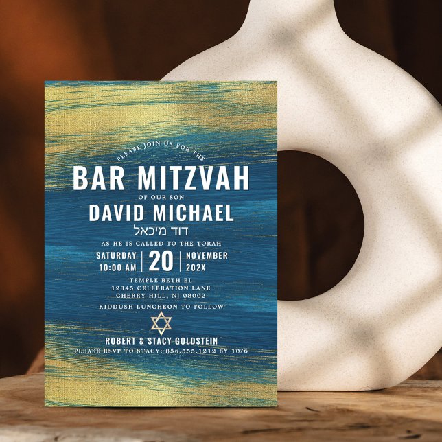 Bar Mitzvah Modernes, feines, türkisfarbenes Goldf Einladung (Von Creator hochgeladen)