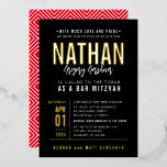 BAR MITZVAH Modernes, fettfreies, schwarzes Gold Folieneinladung<br><div class="desc">von kat massard >>> WWW.SIMPLYSWEETPAPERIE.COM << - - - - - - - - - - - Mit echten goldglänzenden Folienelementen! KONTAKTIEREN SIE MICH, um zu helfen, Ihren Typ perfekt Liebe das Design, aber möchte einige Veränderungen sehen - ein anderes Farbschema, Produkt, ein Foto hinzufügen oder angepasst für einen anderen...</div>
