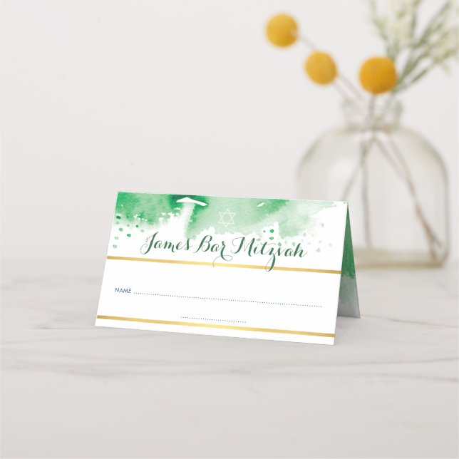 BAR MITZVAH Modernes, grünes Aquarell-Goldfolie-St Platzkarte (Vorderseite)