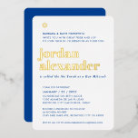 BAR MITZVAH Modernes, minimalistisches königliches Folieneinladung<br><div class="desc">durch kat massard Moderne Einladung mit "glänzender Goldfolie" für die MITZVAH Kinderfeier. Einfach die Vorlage selbst aktualisieren E-Mail-Adresse für passende Elemente und alternative Farbschemas - kat@simplysweetpaperie.com</div>