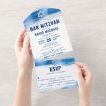 Bar Mitzvah Modernes Navy Typografie Blue Foil Par All In One Einladung<br><div class="desc">Seien Sie stolz, freuen Sie sich und präsentieren Sie diesen Meilenstein Ihres Lieblings-Bar Mitzvah! Versenden Sie diese coole, einzigartige, moderne, maßgeschneiderte All-in-One-Einladung für eine Veranstaltung, an die Sie sich erinnern können. Metallische, hellblaue Pinselstriche aus der Folie, gewagte, marineblaue Typografie und Star of David überlagern einen einfachen, weißen Hintergrund. Dieses All-in-One-Produkt...</div>