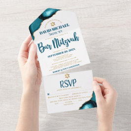 Bar Mitzvah Modernes Türkis Agate Script Party All In One Einladung