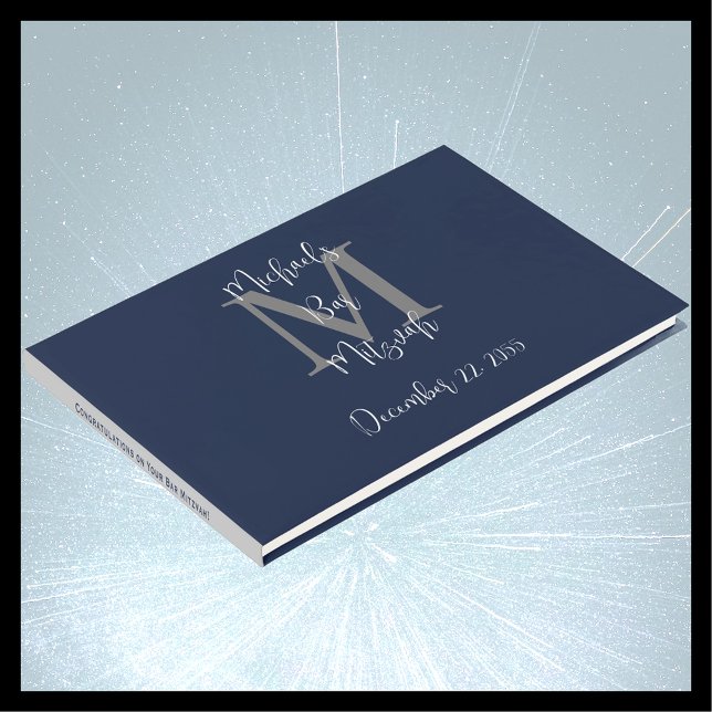 Bar Mitzvah Monogram Blue Gray White Sign-In Gästebuch (Von Creator hochgeladen)