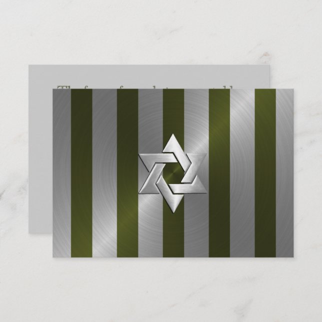 Bar Mitzvah Moss Green und Silberstreifen RSVP Karte (Vorne/Hinten)