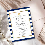 Bar Mitzvah Navy Blauer Streifen Gold Einladung<br><div class="desc">Die elegante Bar Mitzvah-Einladung mit klassisch blau-weiß gestreiftem Hintergrund besticht durch ein elegantes Imitat mit goldfarbenem Rahmen,  das Ihr Set in eleganter Typografie umrahmt. Entwickelt von Thisisnotme©</div>