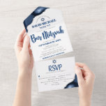 Bar Mitzvah Navy Blue Agate Script Party Modern All In One Einladung<br><div class="desc">Seien Sie stolz, freuen Sie sich und präsentieren Sie diesen Meilenstein Ihres Lieblings-Bar Mitzvah! Versenden Sie diese coole, einzigartige, moderne, maßgeschneiderte All-in-One-Einladung für eine Veranstaltung, an die Sie sich erinnern können. Die mutige marineblaue Schrift Typografie und der Star of David überlagern den einfachen, weißen Hintergrund mit der Stahlblau-Age, die mit...</div>
