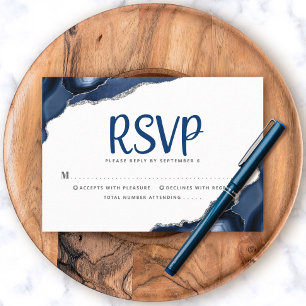 Bar Mitzvah Navy Blue Agate Script Simple Modern RSVP Karte