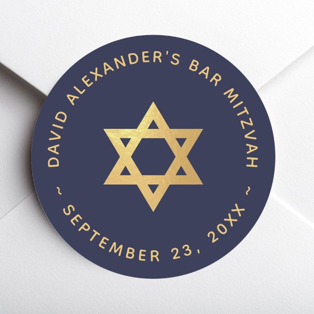 Bar Mitzvah Navy Blue Faux Gold Foil Star of David Runder Aufkleber (Von Creator hochgeladen)