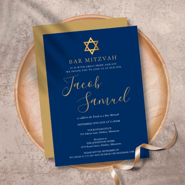Bar Mitzvah Navy Blue Gold Script Einladung (Von Creator hochgeladen)