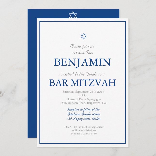 Bar Mitzvah Navy Blue Hebrew Jüdische Einladung (Vorne/Hinten)