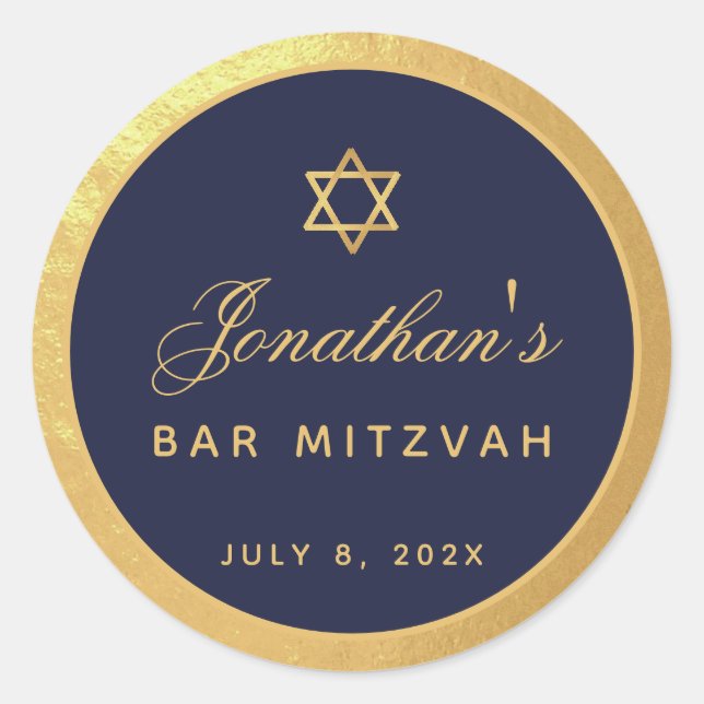 Bar Mitzvah Navy Blue Imitate Gold Elegantes Scrip Runder Aufkleber (Vorderseite)